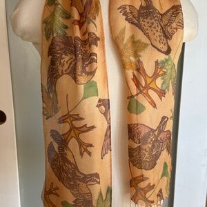 Handpainted Silk Scarf Rust Maple, Oak, Gingko Leaves, Quail One-of-a-Kind